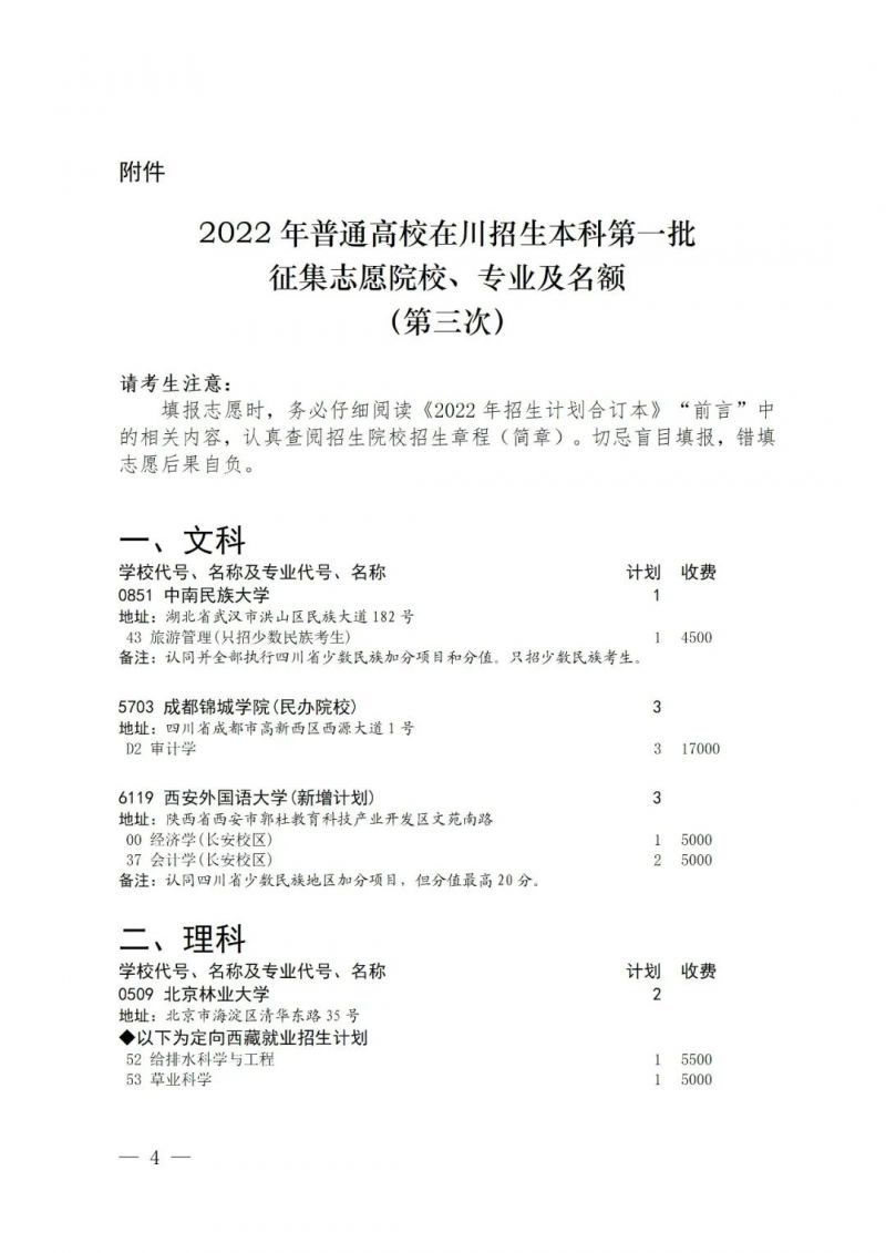 2022年普通高校在川招生本科第一批征集志愿院校、 專業(yè)及名額（第三次）