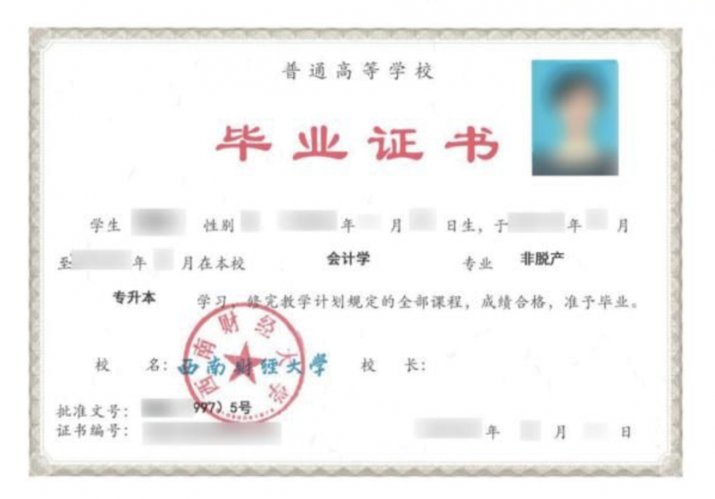 西南財經(jīng)大學(xué)成教畢業(yè)證書樣本